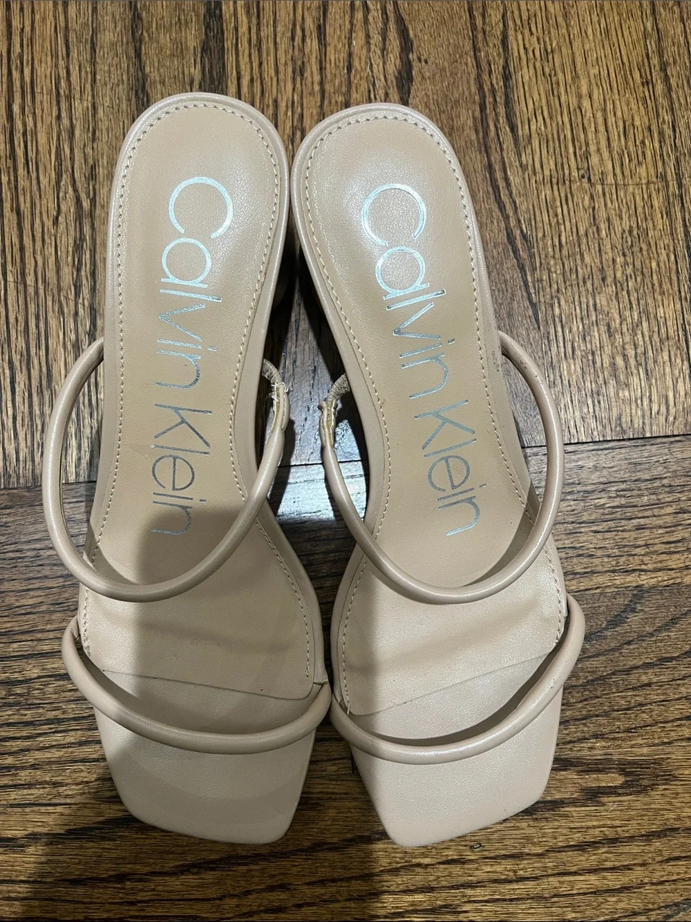 Calvin Klein Women's Beige Minimalist Double-Strap Square-Toe Heels